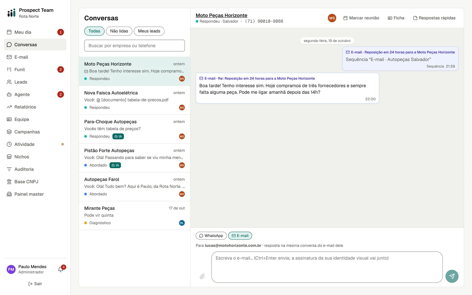 Conversa com a resposta de e-mail e as mensagens da sequência