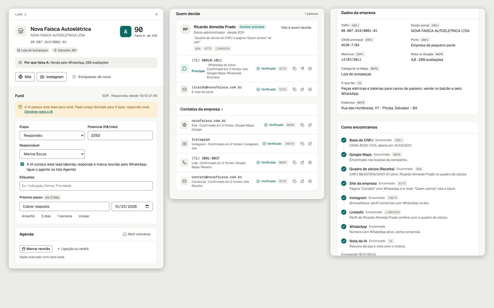 Ficha do lead completa: nota e motivo, funil, possíveis decisores, contatos, dados da empresa e como foi encontrada