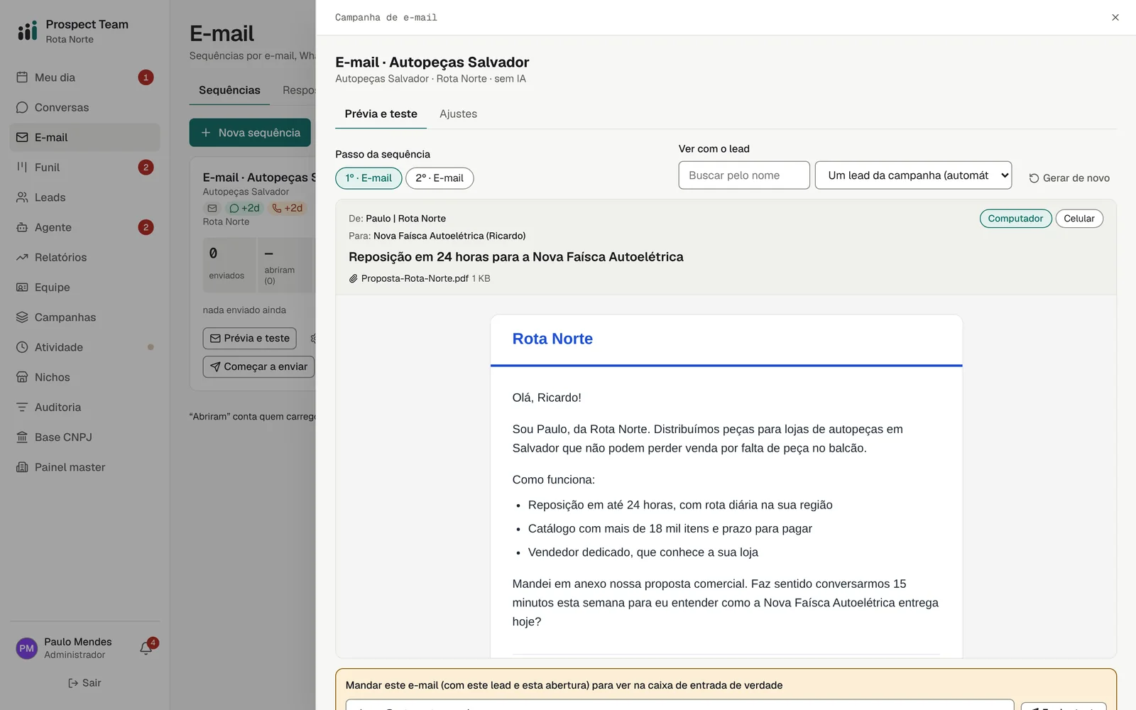 Prévia do e-mail com a identidade visual da campanha, a abertura escrita pela IA e a proposta anexa